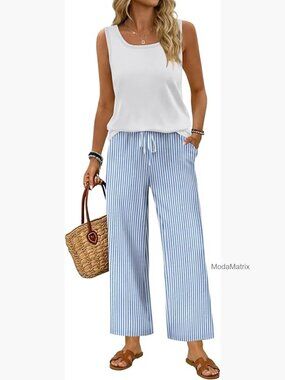 Summer Two Piece Lounge Set Square Neck Tank Wide Leg Pants